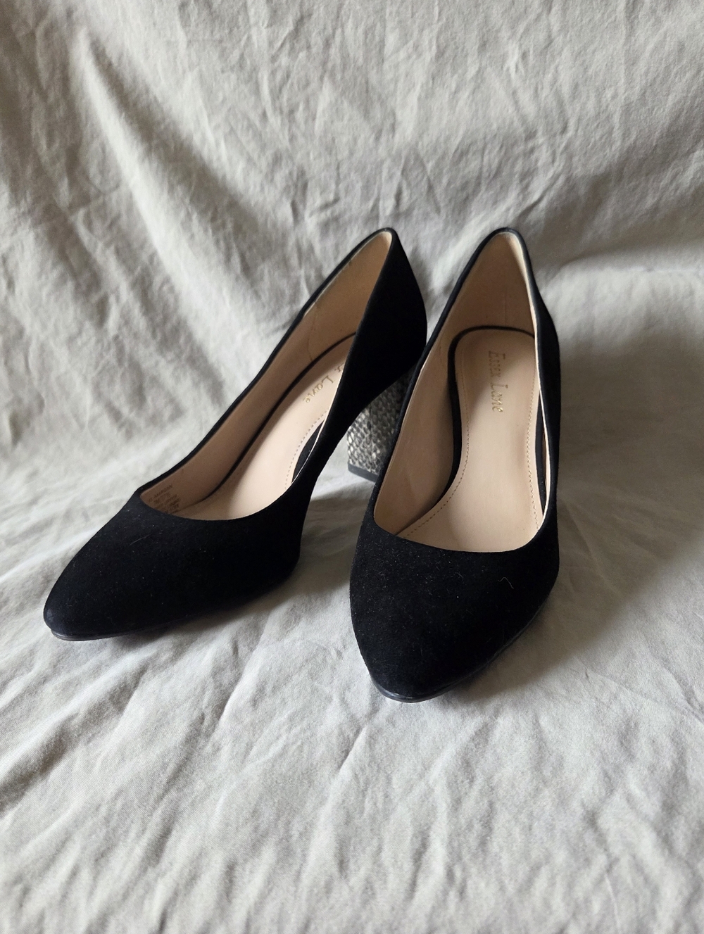 Essex Lane Black Suede Pointed Toe Pumps with Textured Block Heel